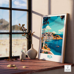 Ibiza Travel Poster showcasing a scenic view of Ibiza, Spain, with vibrant colors and coastal imagery.