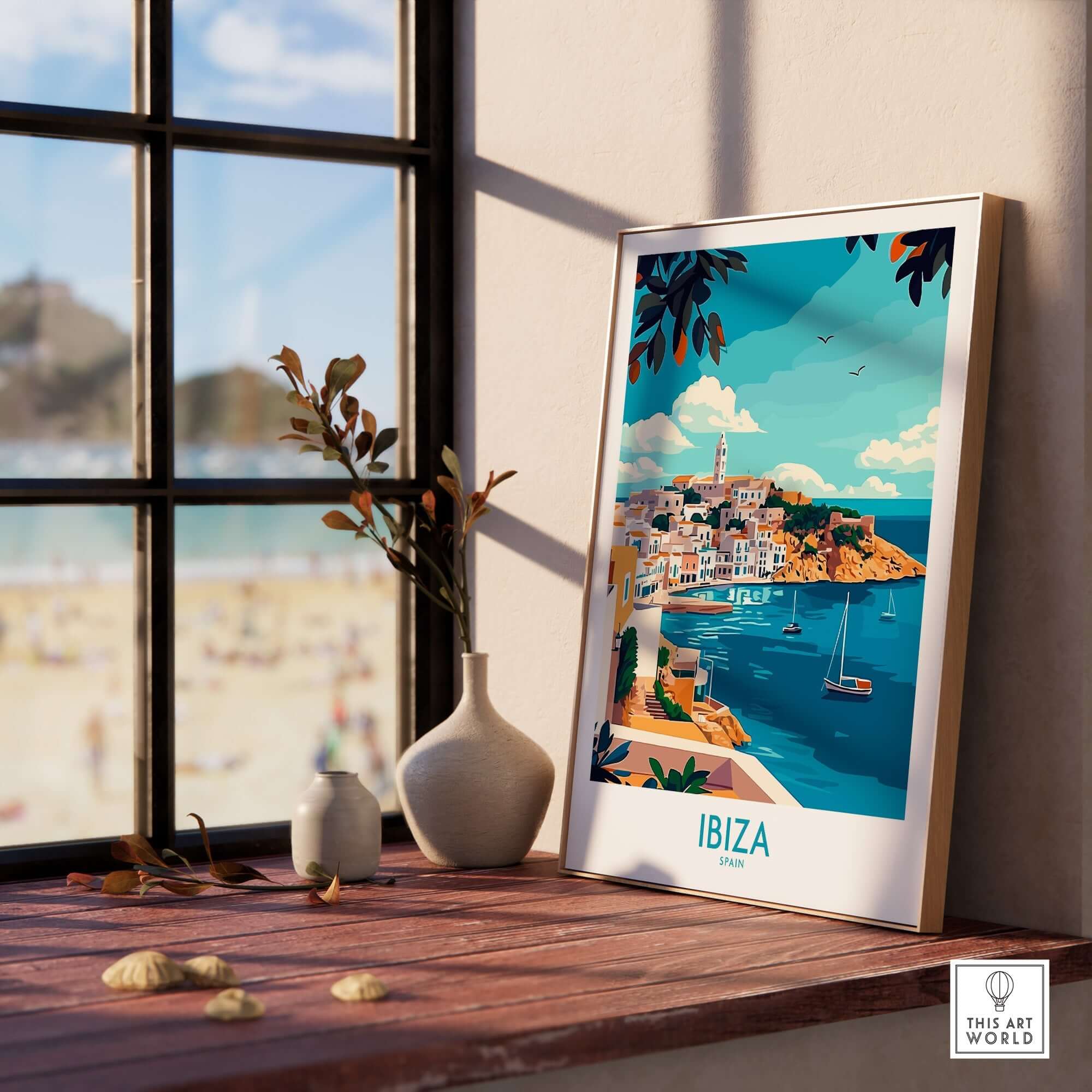 Ibiza Travel Poster showcasing a scenic view of Ibiza, Spain, with vibrant colors and coastal imagery.