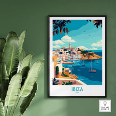 Ibiza Travel Poster featuring colorful coastal imagery of Ibiza, Spain, perfect for home or office wall art.