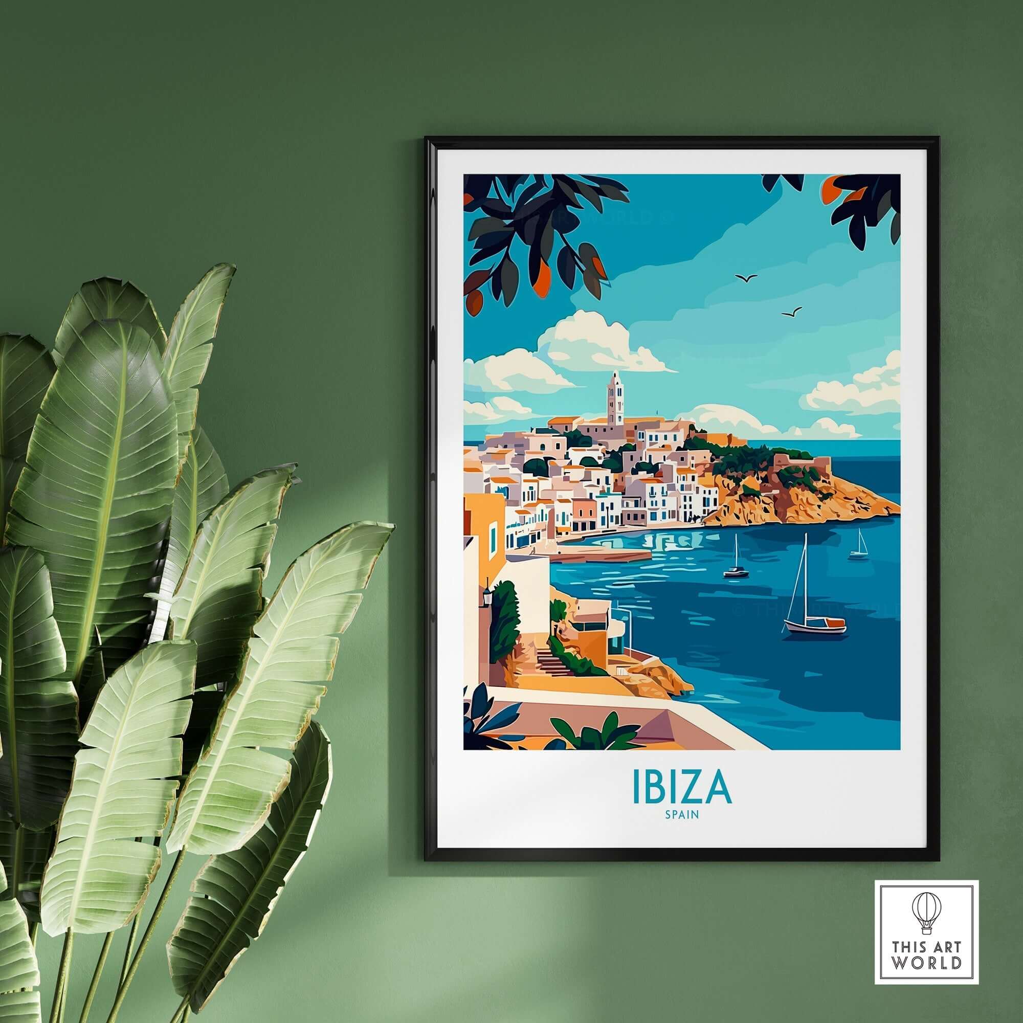 Ibiza Travel Poster featuring colorful coastal imagery of Ibiza, Spain, perfect for home or office wall art.