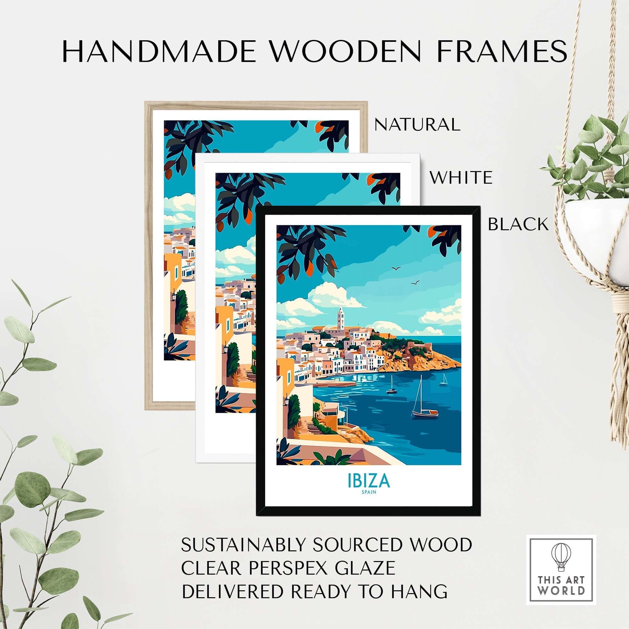 Ibiza Travel Poster displayed in handmade wooden frames in natural, white, and black options, ideal for wall art.