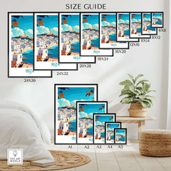 Ibiza Travel Poster spain size guide showcasing various frame sizes and designs in a stylish home setting.