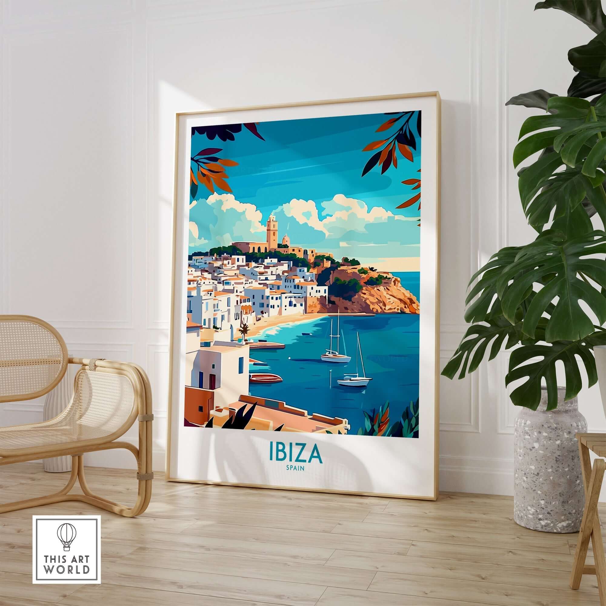 Ibiza Travel Poster spain showcasing the vibrant coastal view of Ibiza with boats and colorful buildings.