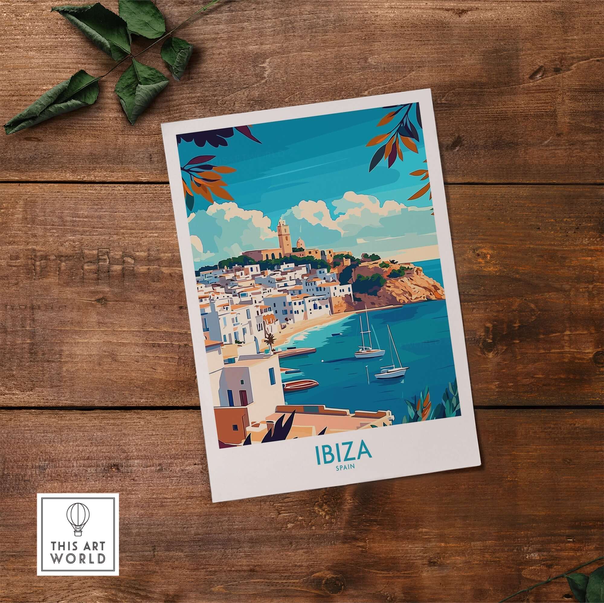 Ibiza Travel Poster spain showcasing vibrant landscapes and seaside views of Ibiza, perfect for wall art.