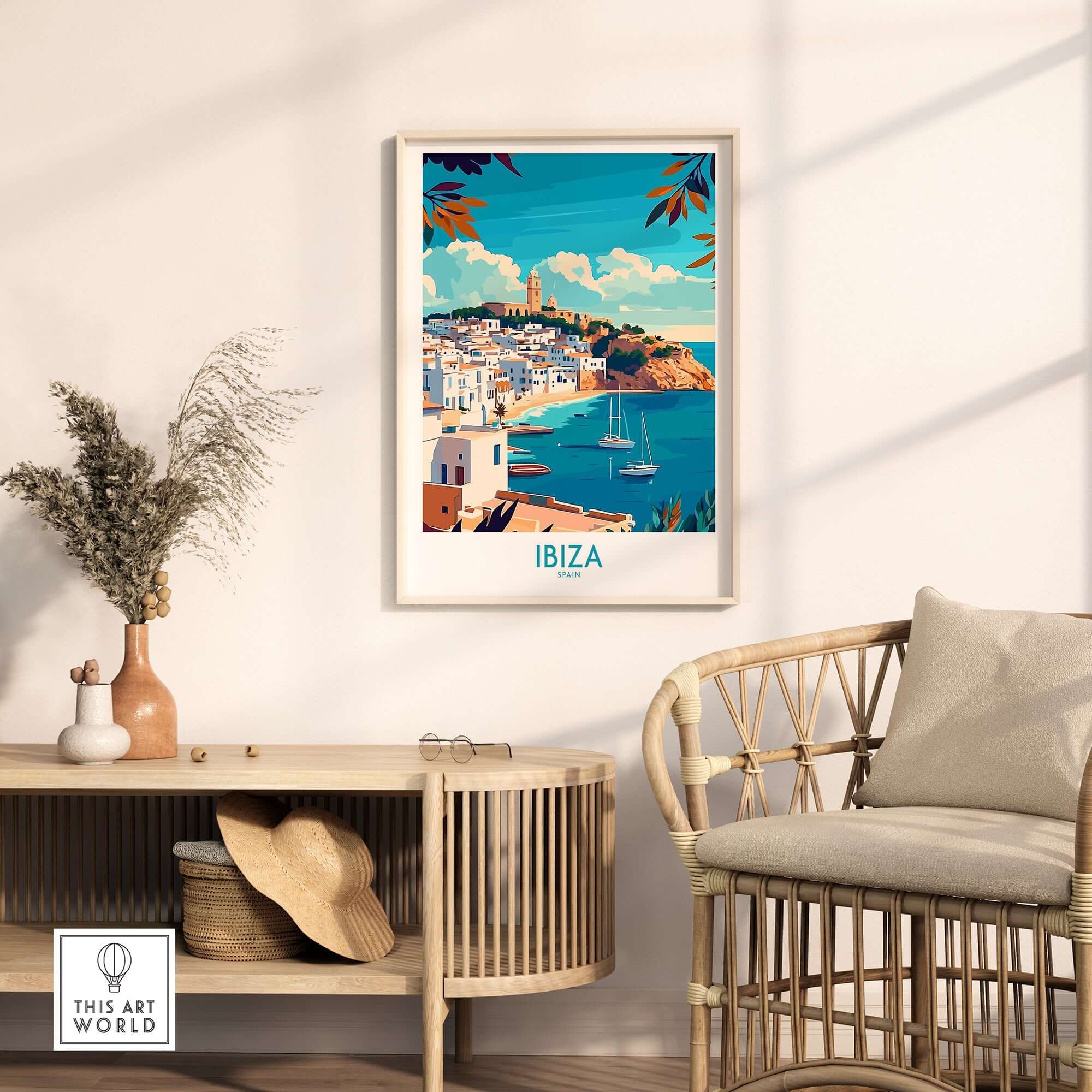 Ibiza Travel Poster spain showcasing the vibrant landscapes of Ibiza in a stylish living room setting.
