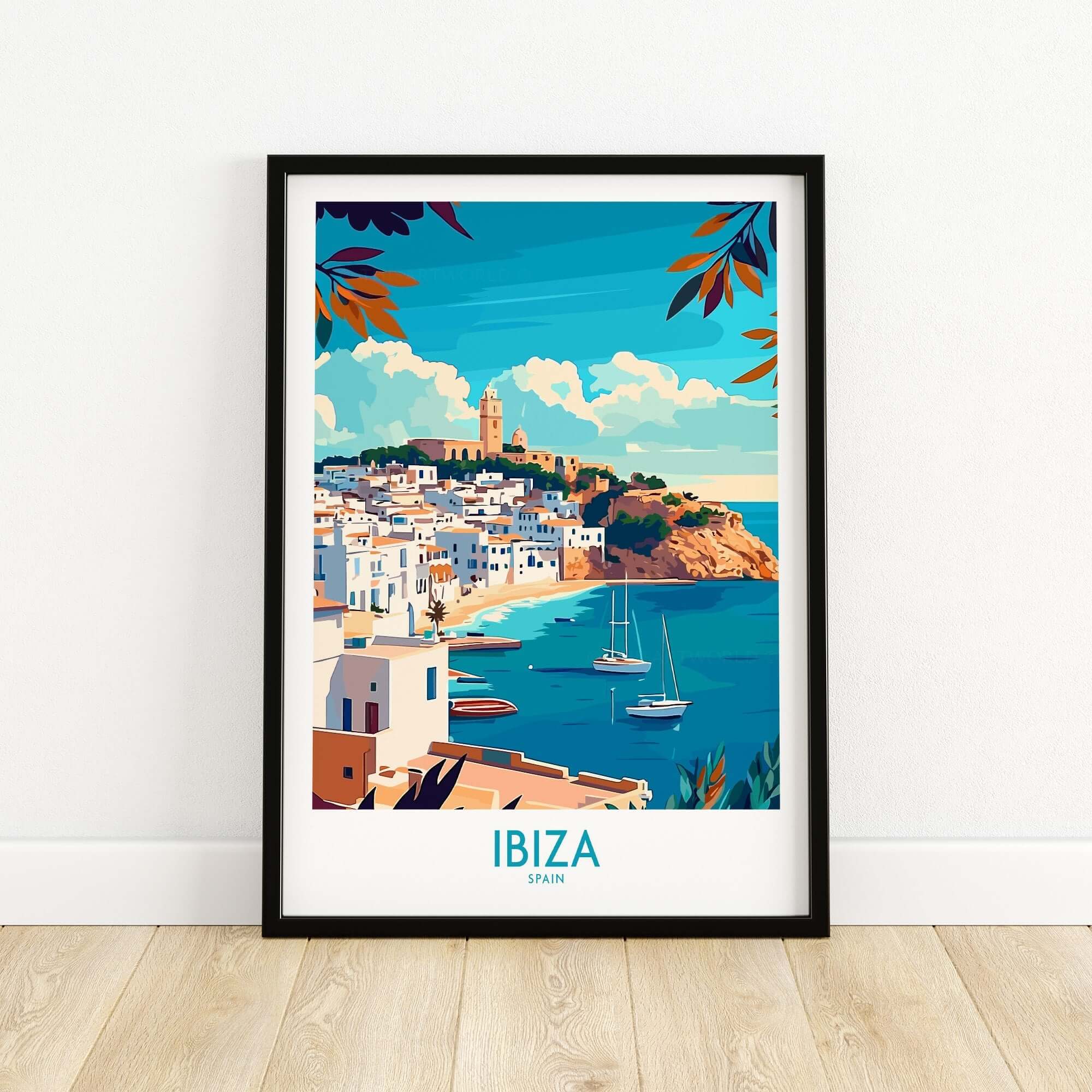 Ibiza Travel Poster spain featuring vibrant landscape and iconic attractions of Spain's Ibiza island.