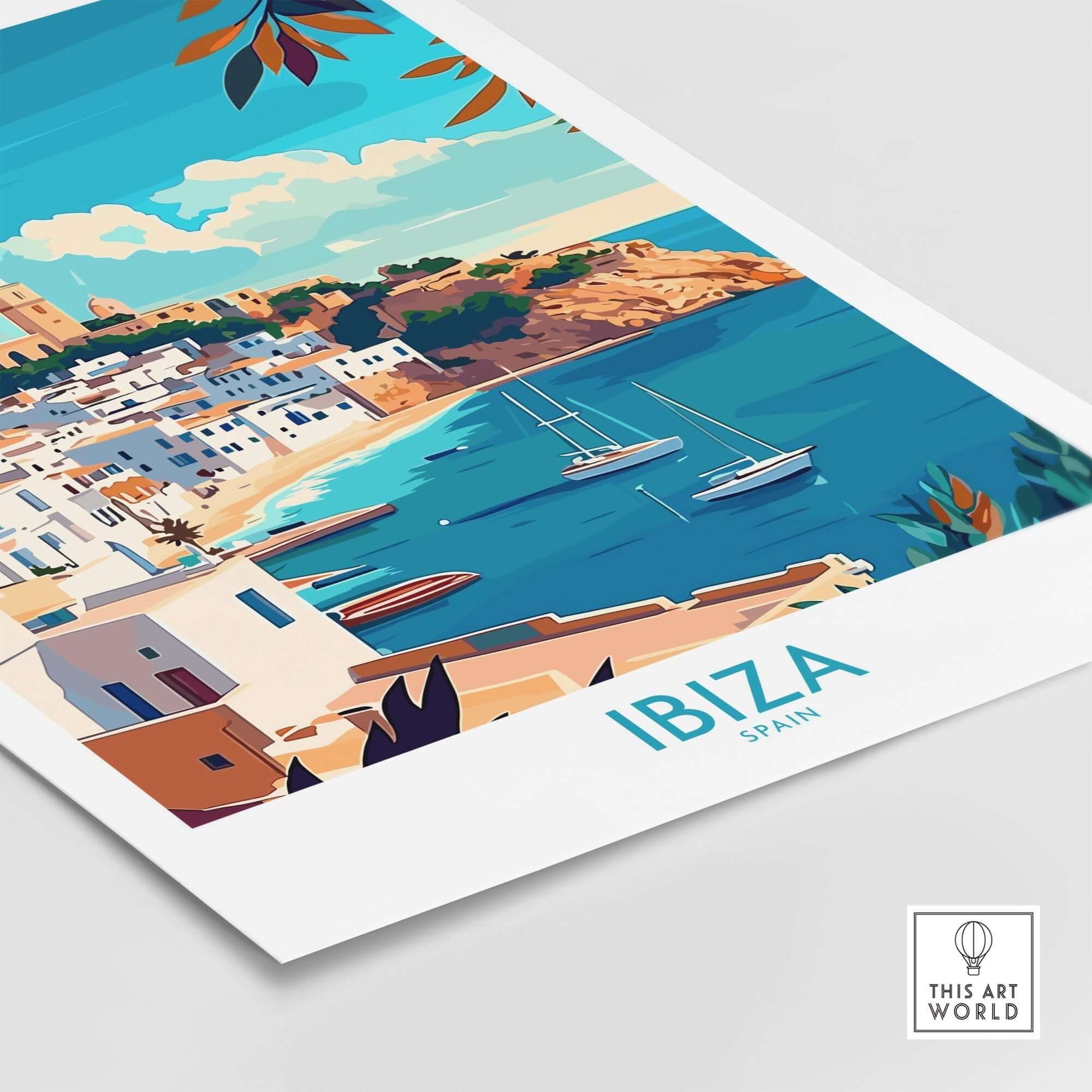 Ibiza Travel Poster spain showcasing the beautiful coastal scenery and iconic architecture of Ibiza, Spain.