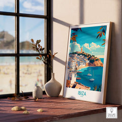 Ibiza Travel Poster spain displayed on a windowsill showcasing the beautiful coastline of Ibiza.