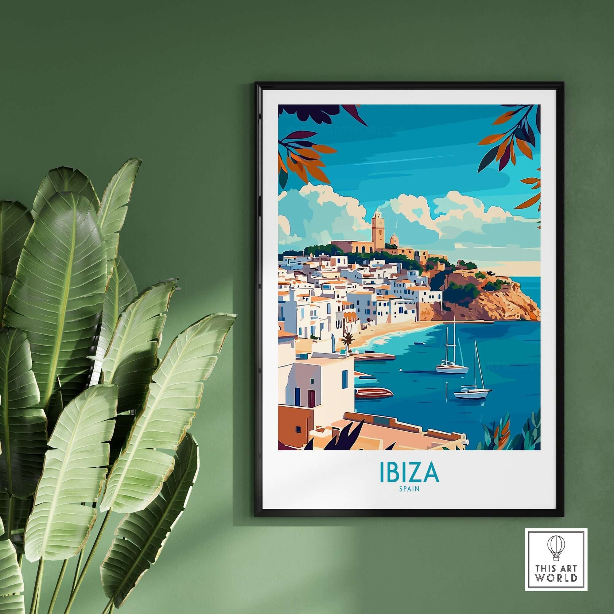 Ibiza Travel Poster spain showcasing vibrant colors and iconic landscapes of Ibiza's coastal beauty.
