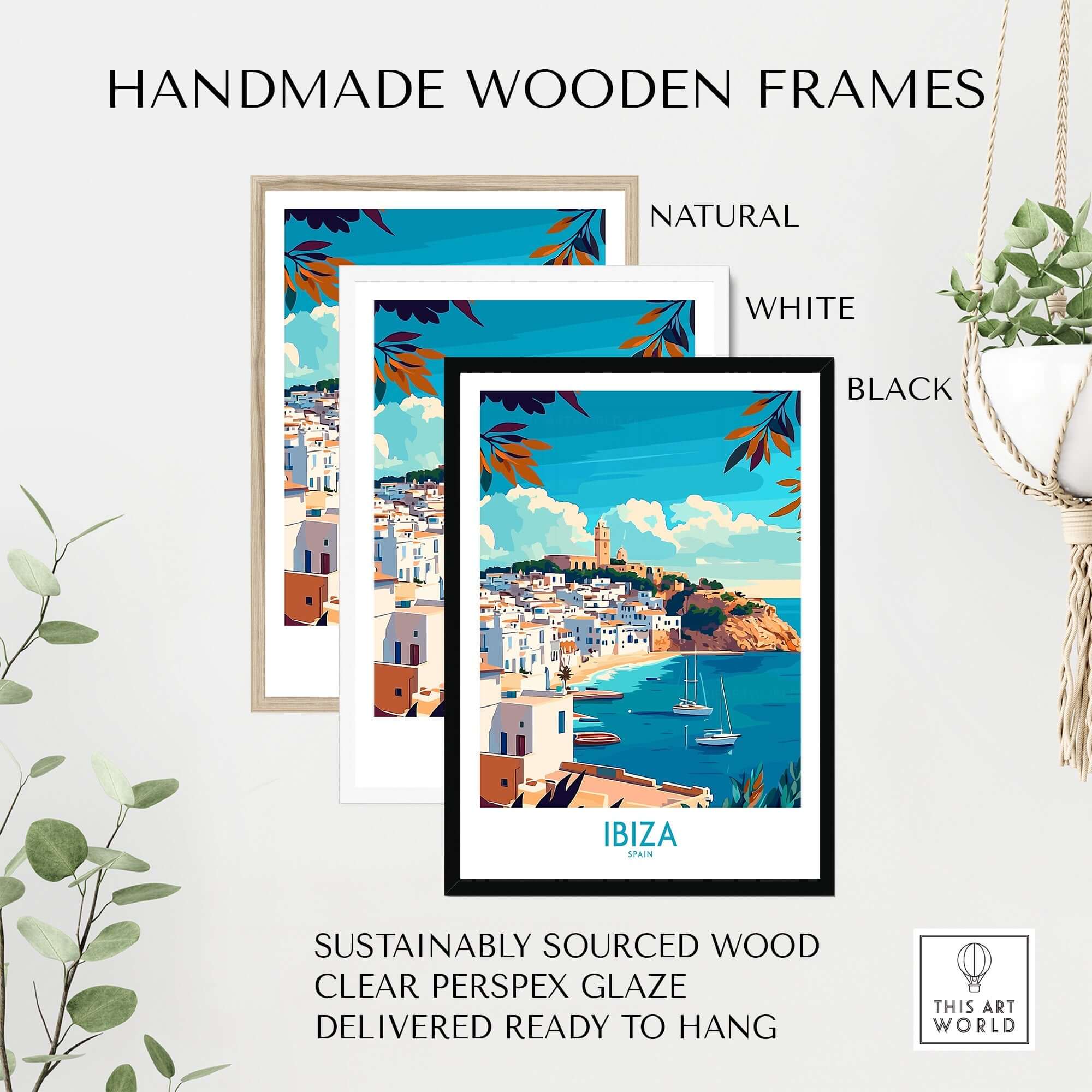 Ibiza Travel Poster spain framed in natural, white, and black handmade wooden frames with clear perspex glaze.