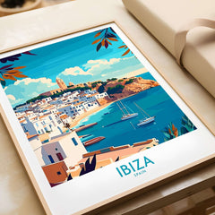 Ibiza Travel Poster spain showcasing vibrant coastal landscape and iconic architecture of Ibiza, Spain.