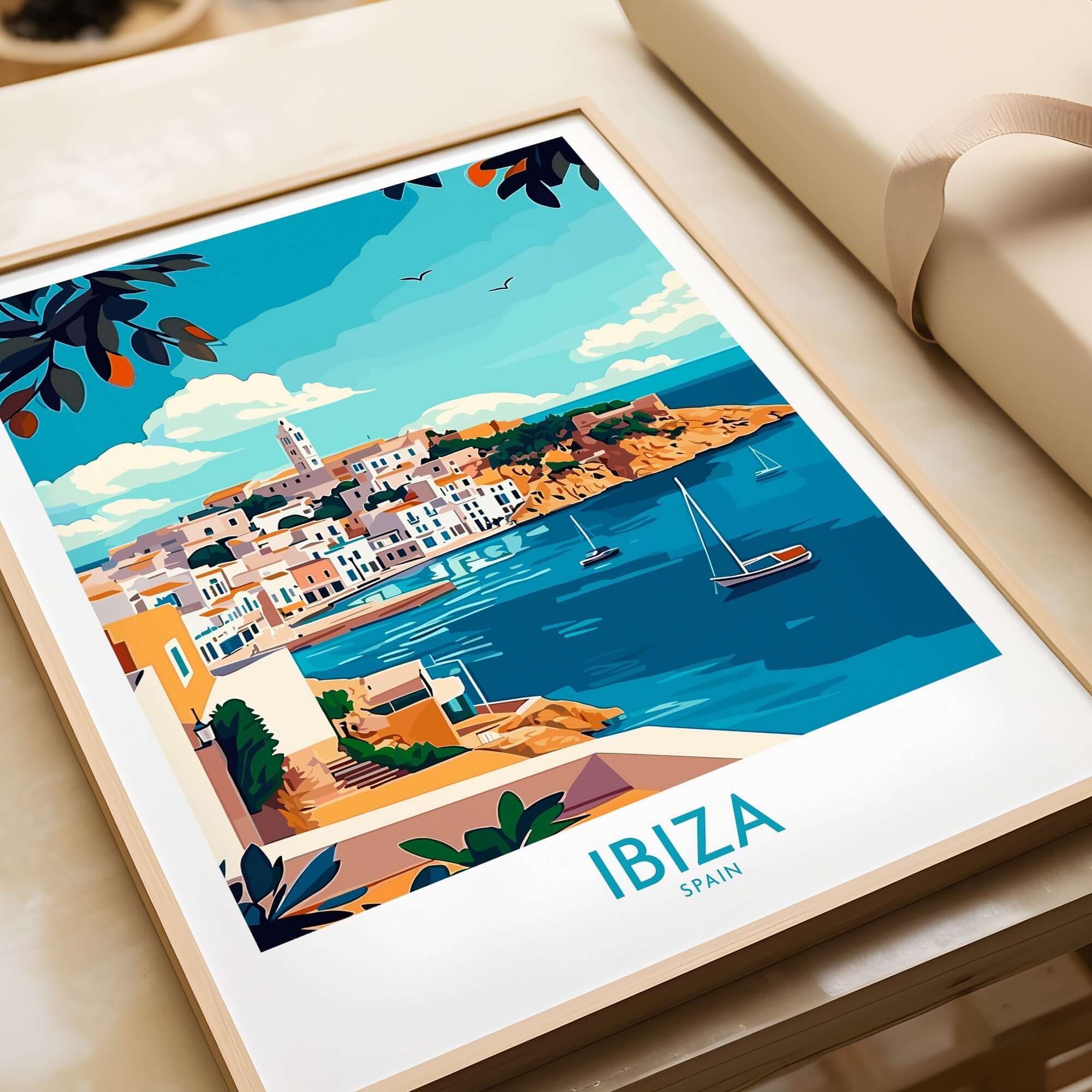 Ibiza Travel Poster showcasing a vibrant seaside view of Ibiza, Spain with colorful buildings and boats.