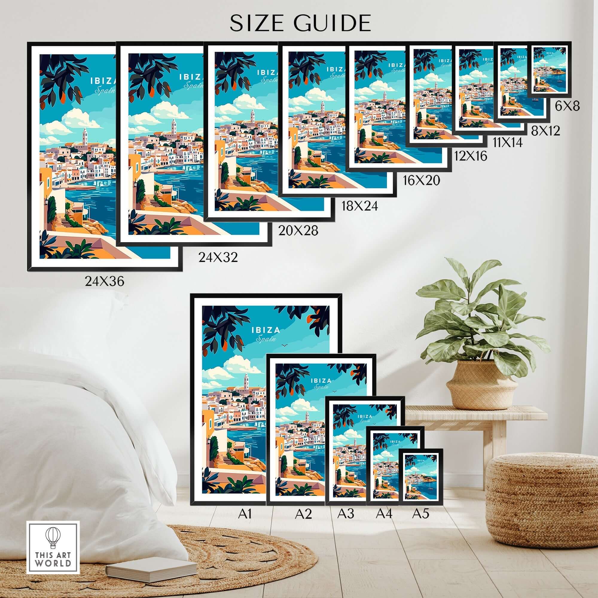 Ibiza Travel Print Size Guide showcasing various frame sizes for the vibrant Ibiza Travel Print artwork.