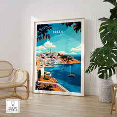 Ibiza Travel Print showcasing a vibrant landscape of Ibiza with bright colors and iconic scenery in a stylish interior setting.