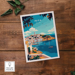 Ibiza Travel Print showcasing the beautiful coastal view of Ibiza, Spain, with vibrant colors and artistic design.