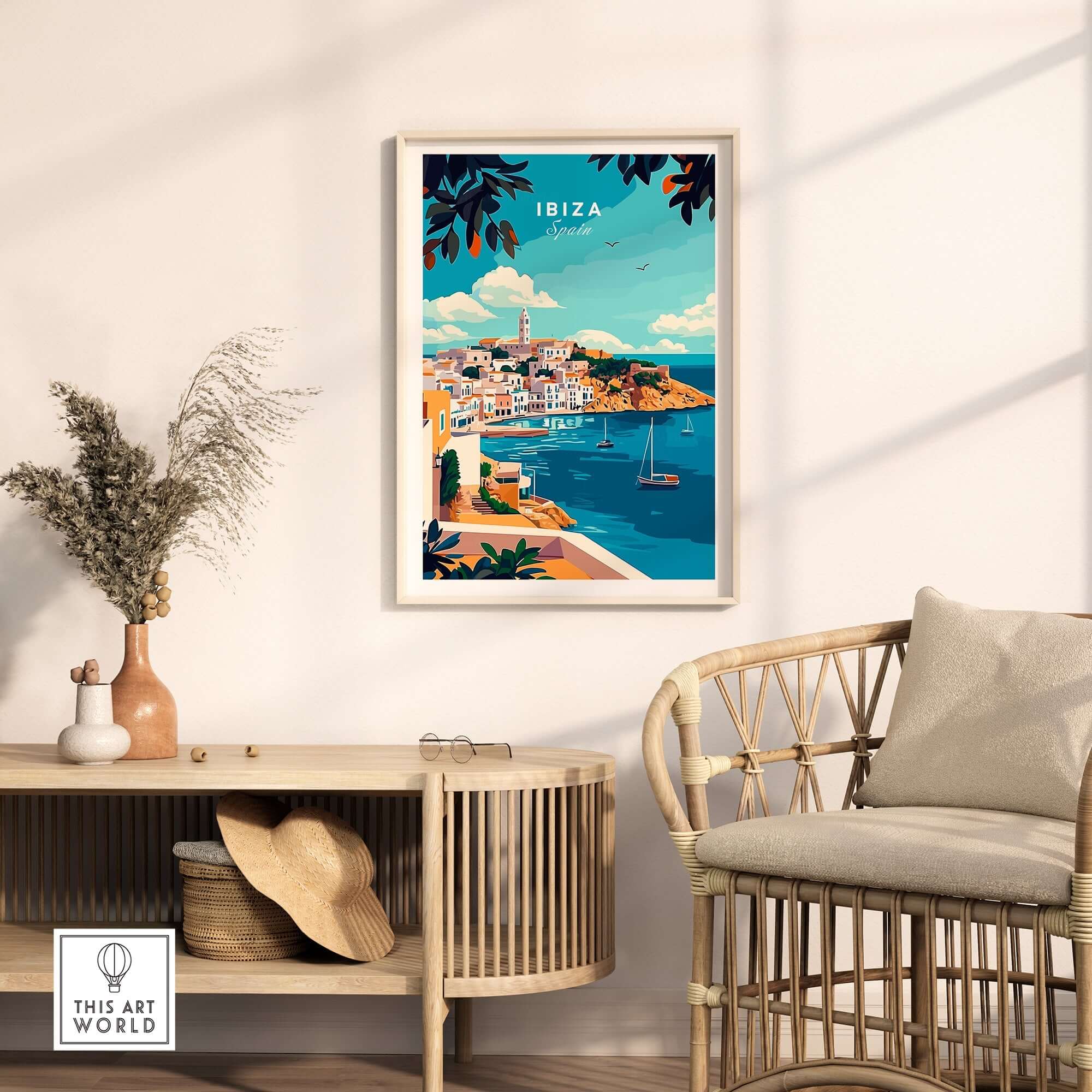 Ibiza Travel Print featuring vibrant coastal scenery and lively colors in a stylish home setting.
