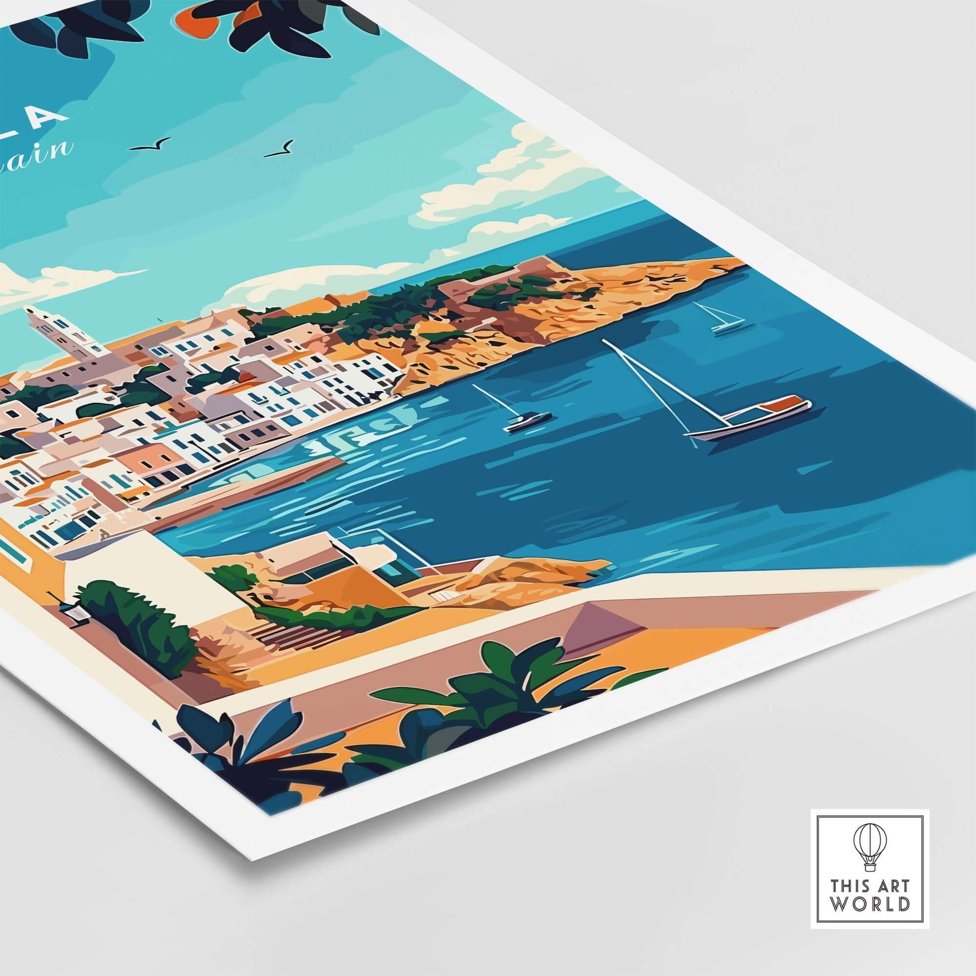 Ibiza Travel Print showcasing a vibrant coastal scene with boats, buildings, and clear blue skies, capturing the essence of Ibiza.