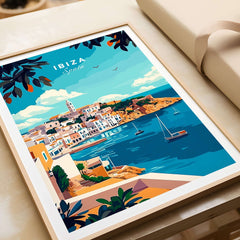 Ibiza Travel Print showcasing a colorful representation of Ibiza, Spain with coastal views and vibrant colors.
