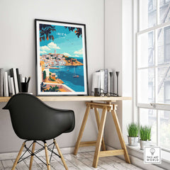 Ibiza Travel Print displayed in a stylish office setting, showcasing vibrant colors and design.