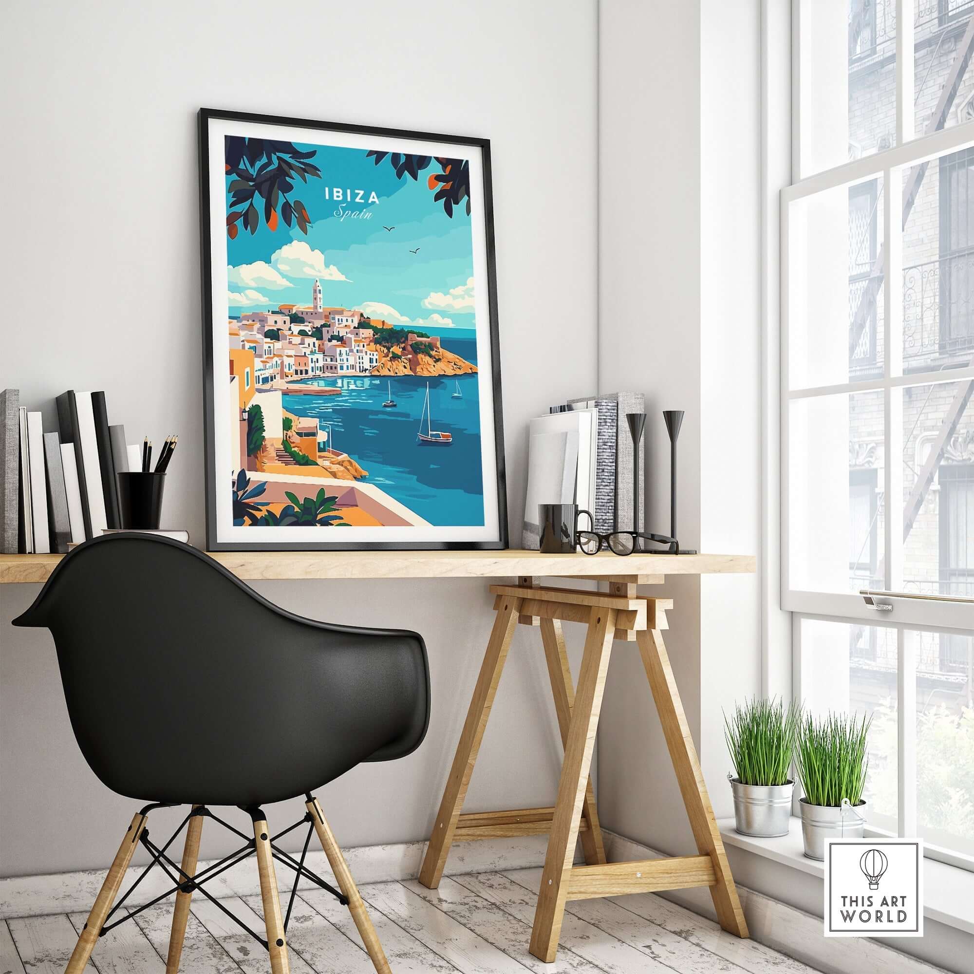 Ibiza Travel Print displayed in a stylish office setting, showcasing vibrant colors and design.