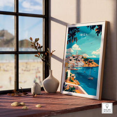 Ibiza Travel Print showcasing a coastal view from a window, capturing the essence of Ibiza in vibrant colors.