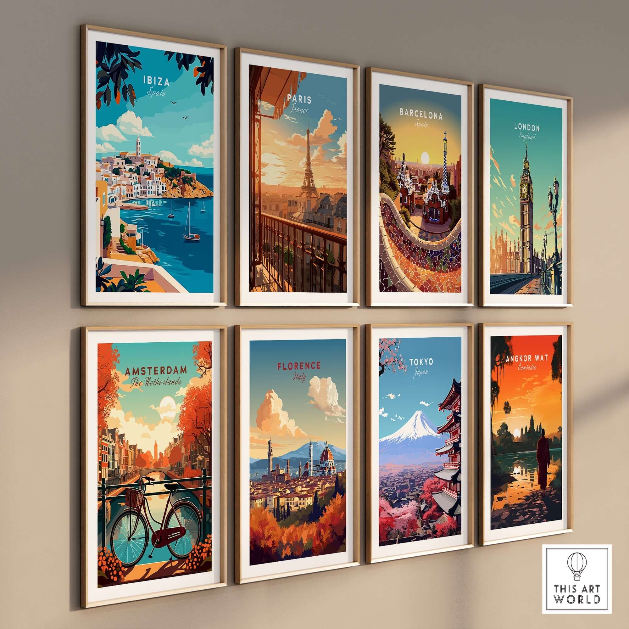Ibiza Travel Print and other city travel prints displayed in frames on a wall, showcasing vibrant colors and designs.
