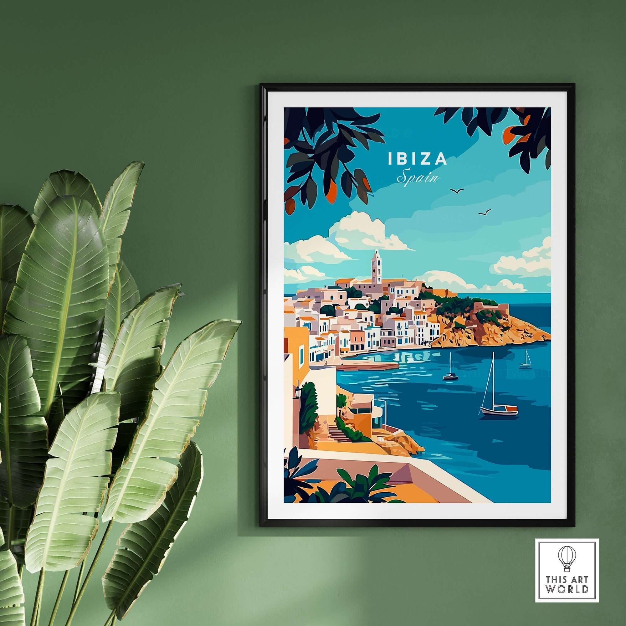 Ibiza Travel Print featuring a vibrant landscape of Ibiza, Spain with boats and coastal scenery.