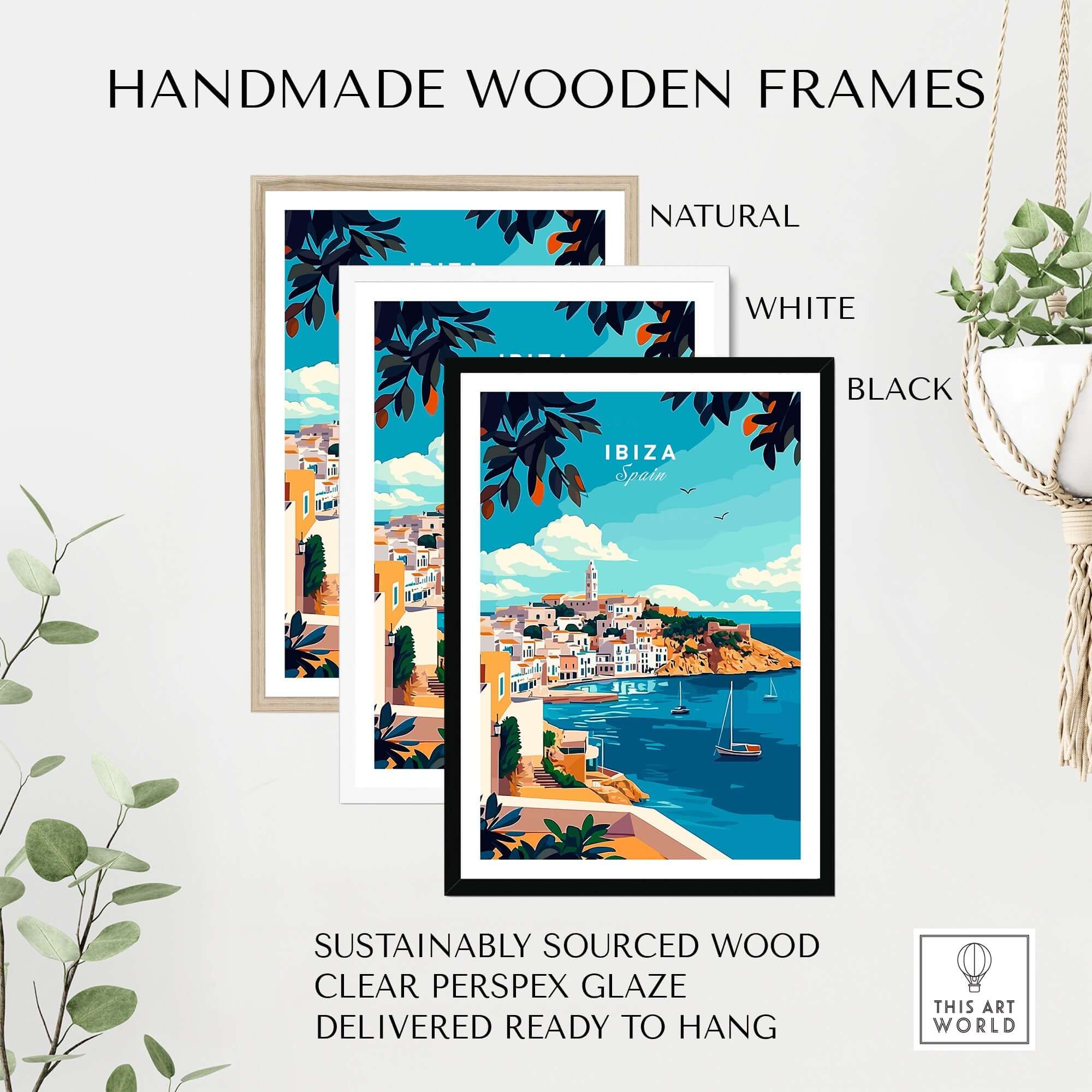 Ibiza Travel Print displayed in handmade wooden frames in natural, white, and black finishes.