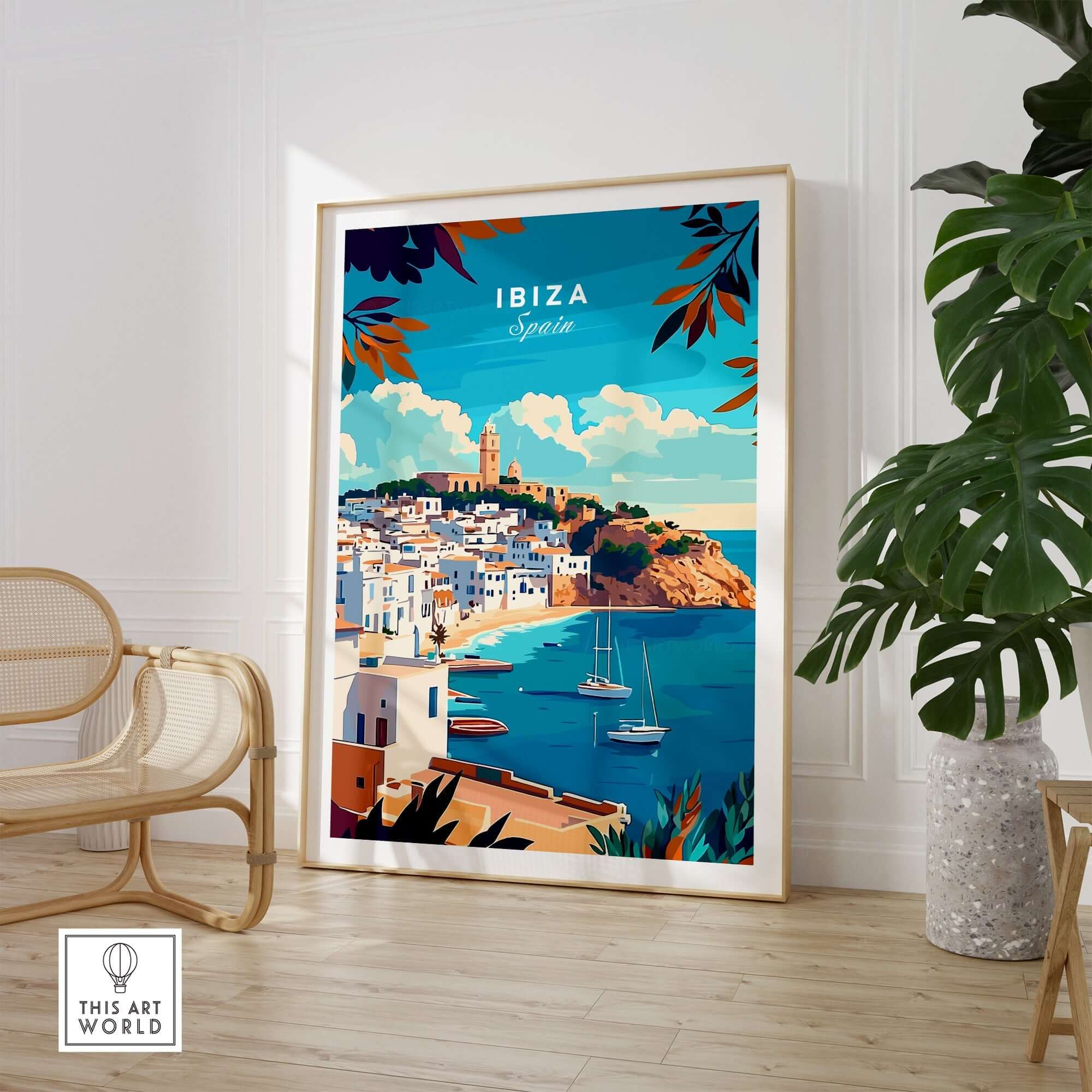 Ibiza Travel Print Spain displayed in a modern interior, showcasing the vibrant scenery of Ibiza.
