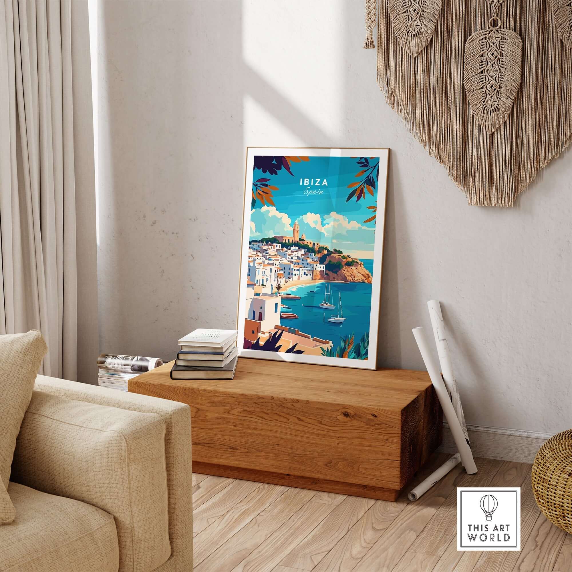 Ibiza Travel Print Spain showcasing vibrant Spanish landmarks in a stylish home decor setting.