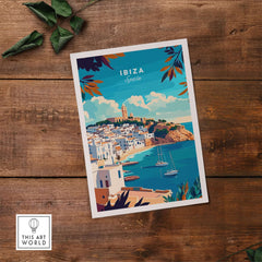 Ibiza Travel Print Spain featuring a vibrant view of Ibiza with iconic landmarks and serene waters.