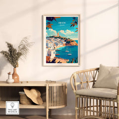 Ibiza Travel Print Spain displayed in a stylish living room, featuring iconic Spanish landscapes and vibrant colors.