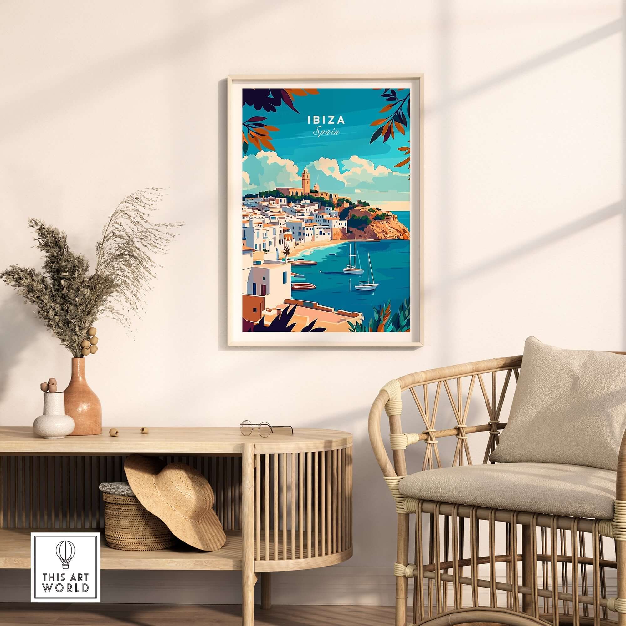 Ibiza Travel Print Spain displayed in a stylish living room, featuring iconic Spanish landscapes and vibrant colors.