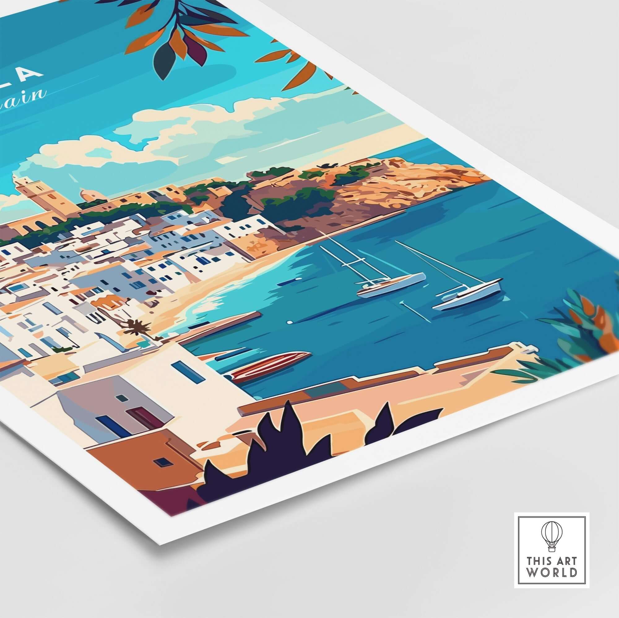 Ibiza Travel Print Spain showcasing iconic landmarks and vibrant coastal scenery of Ibiza.