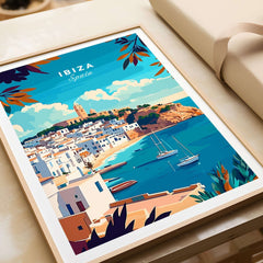 Ibiza Travel Print Spain vibrant depiction of Ibiza's coastline and architecture in a stylish frame.