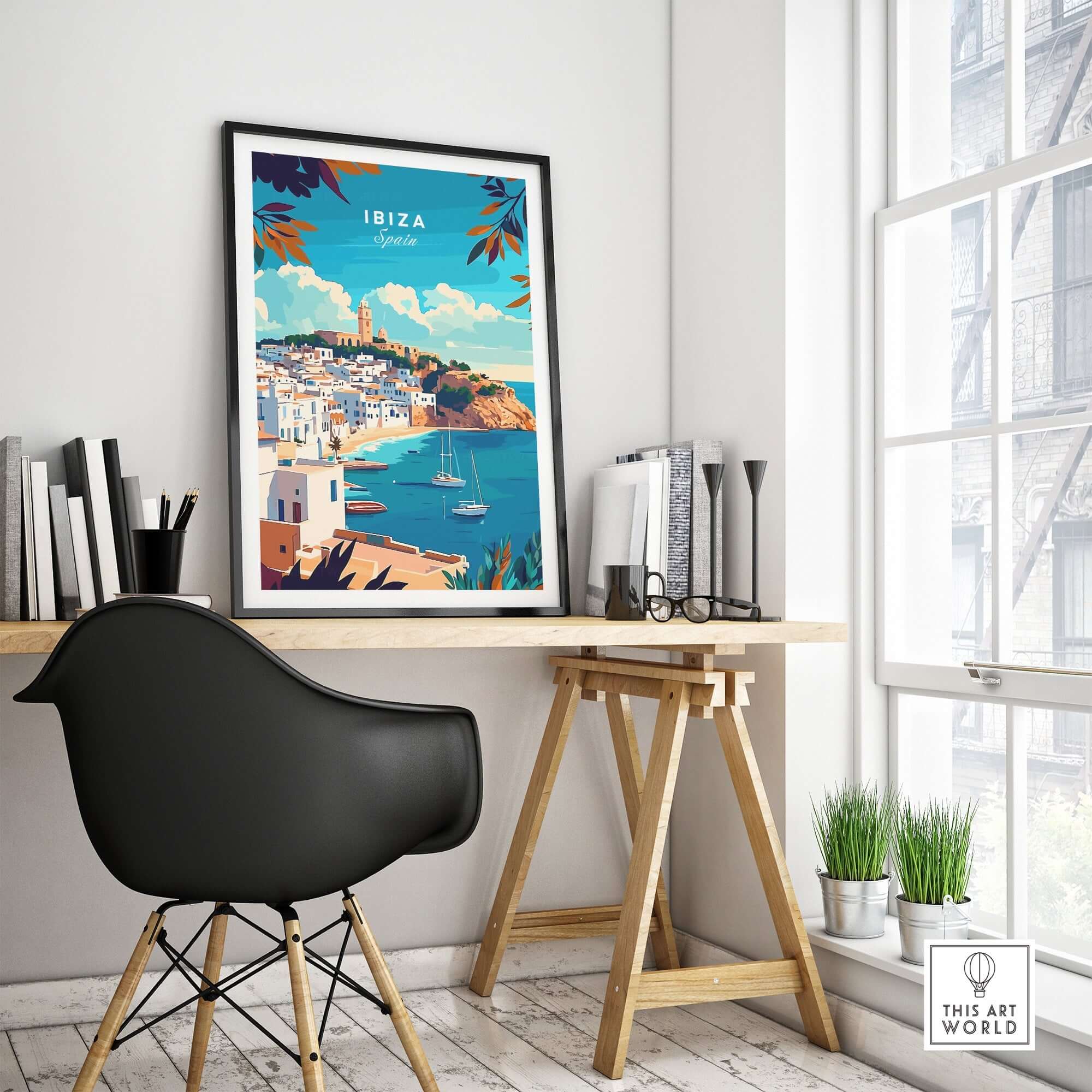 Ibiza Travel Print Spain displayed in a modern office setting with a scenic view of the coastline.
