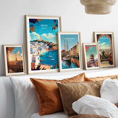 Ibiza Travel Print Spain featuring colorful prints of iconic landmarks in vibrant home decor setting.