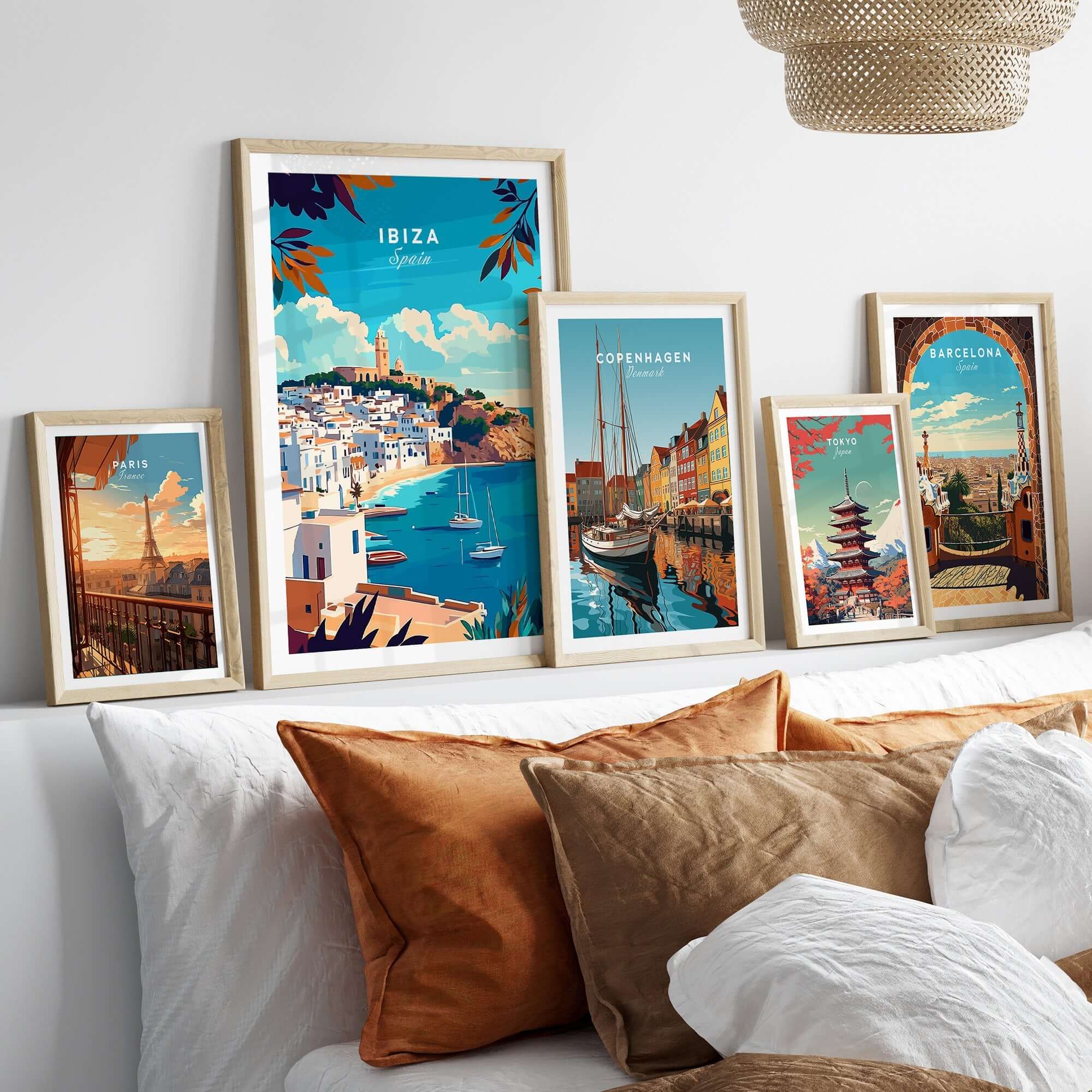 Ibiza Travel Print Spain featuring colorful prints of iconic landmarks in vibrant home decor setting.
