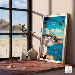 Ibiza Travel Print Spain featuring vibrant coastal scenery and iconic landmarks in a stylish home setting.