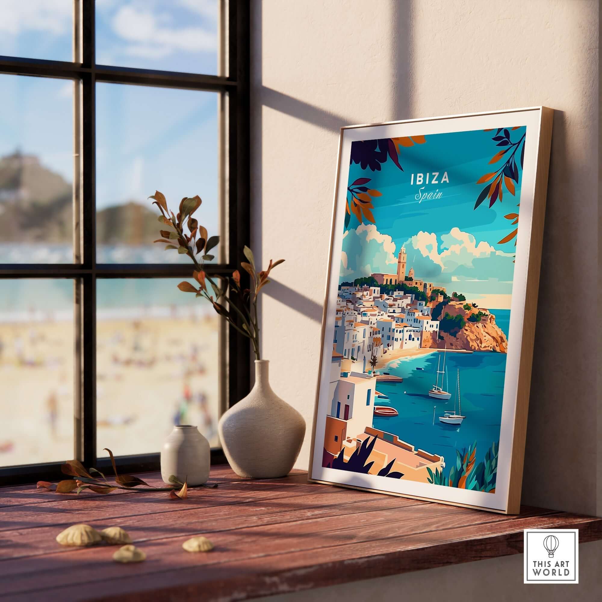 Ibiza Travel Print Spain featuring vibrant coastal scenery and iconic landmarks in a stylish home setting.