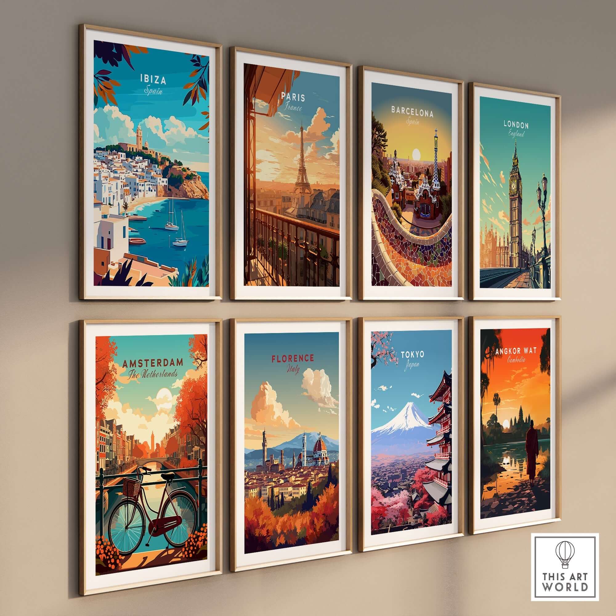 Ibiza Travel Print Spain vibrant wall art featuring iconic landmarks from various cities.