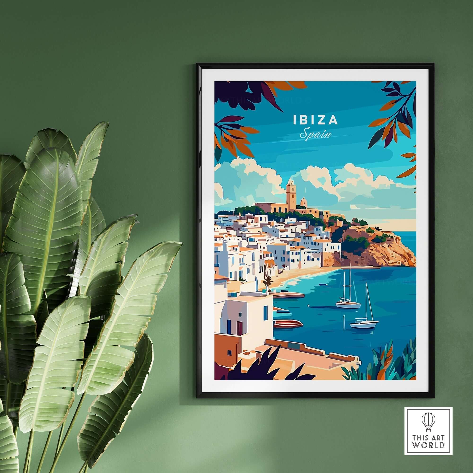 Ibiza Travel Print Spain showcasing vibrant coastal scenery and iconic landmarks in a stylish frame.