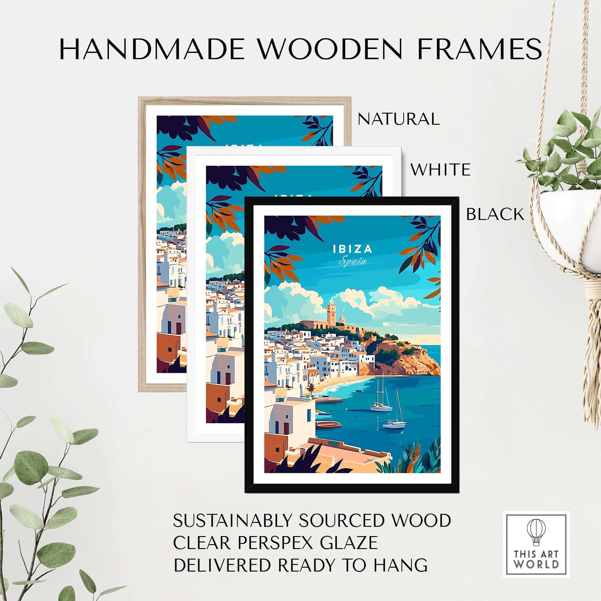 Ibiza Travel Print Spain framed in natural, white, and black handmade wooden frames with clear perspex glaze.