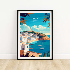 Ibiza Travel Print Spain featuring picturesque coastal scene and iconic landmarks.