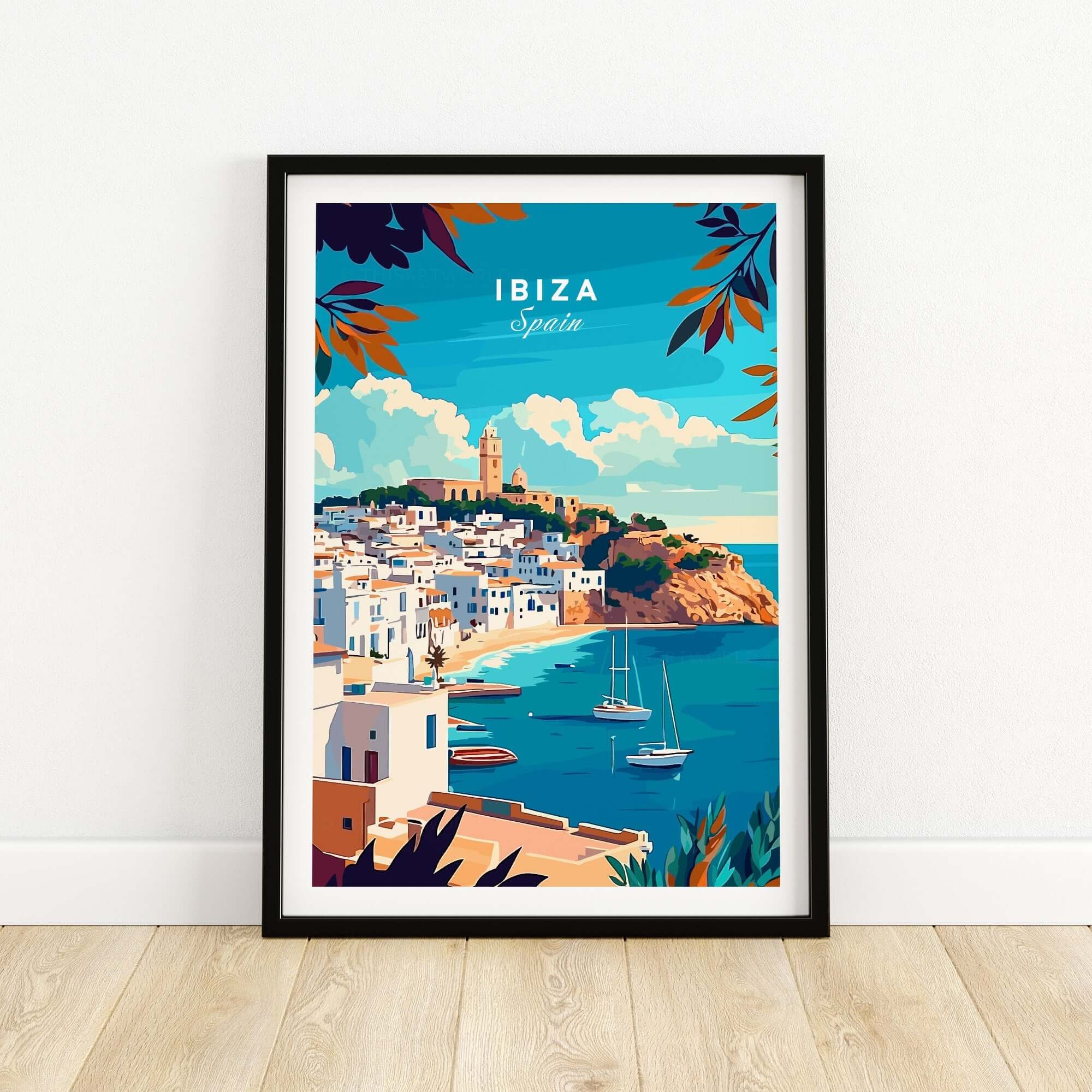 Ibiza Travel Print Spain featuring picturesque coastal scene and iconic landmarks.