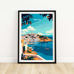 Ibiza Travel Print featuring vibrant coastal scenery of Ibiza, Spain with colorful buildings and boats.