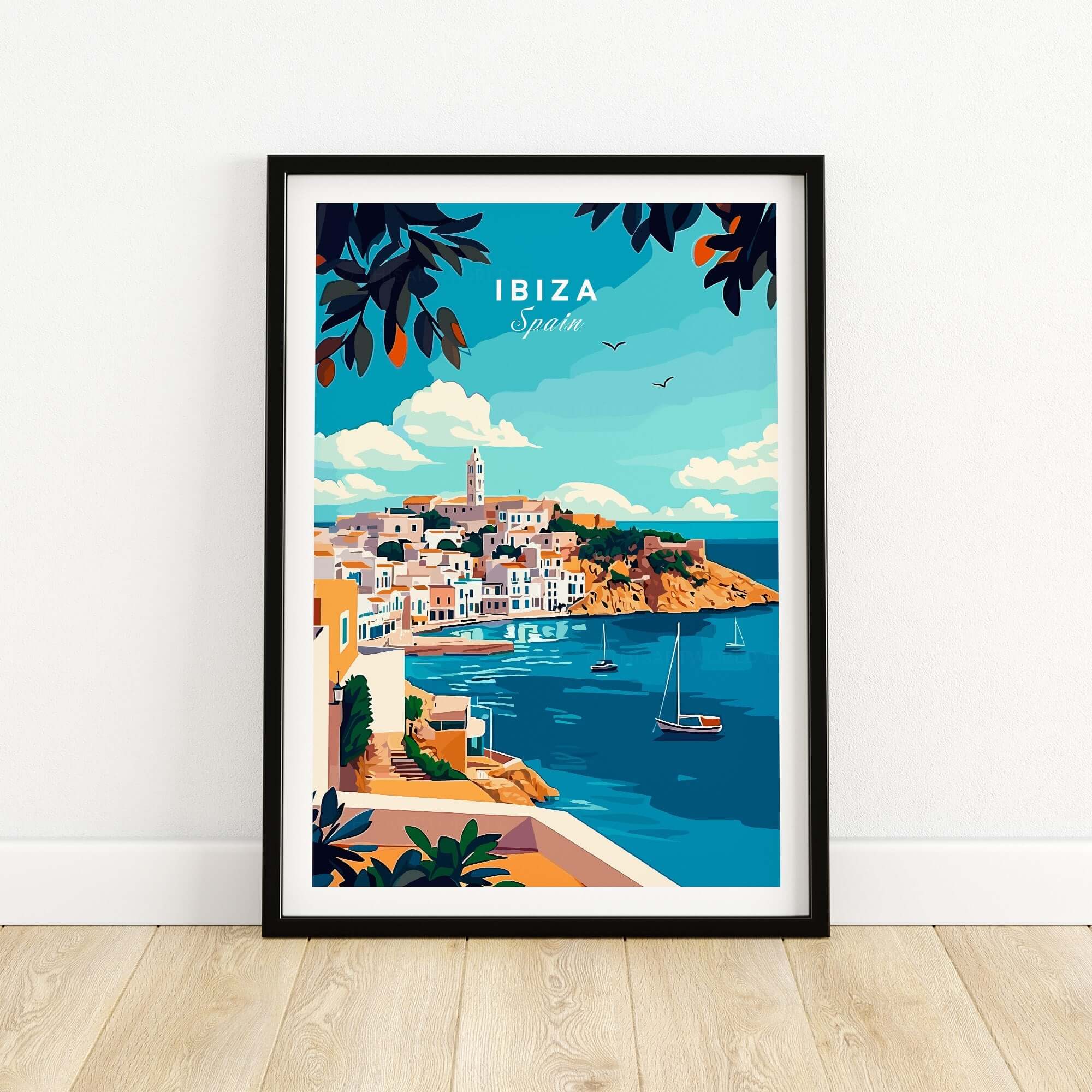 Ibiza Travel Print featuring vibrant coastal scenery of Ibiza, Spain with colorful buildings and boats.