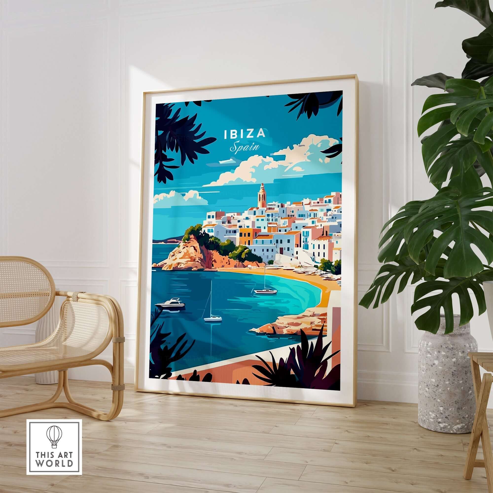 Ibiza Wall Art featuring a colorful coastal scene of Ibiza, Spain, perfect for transforming your living space.