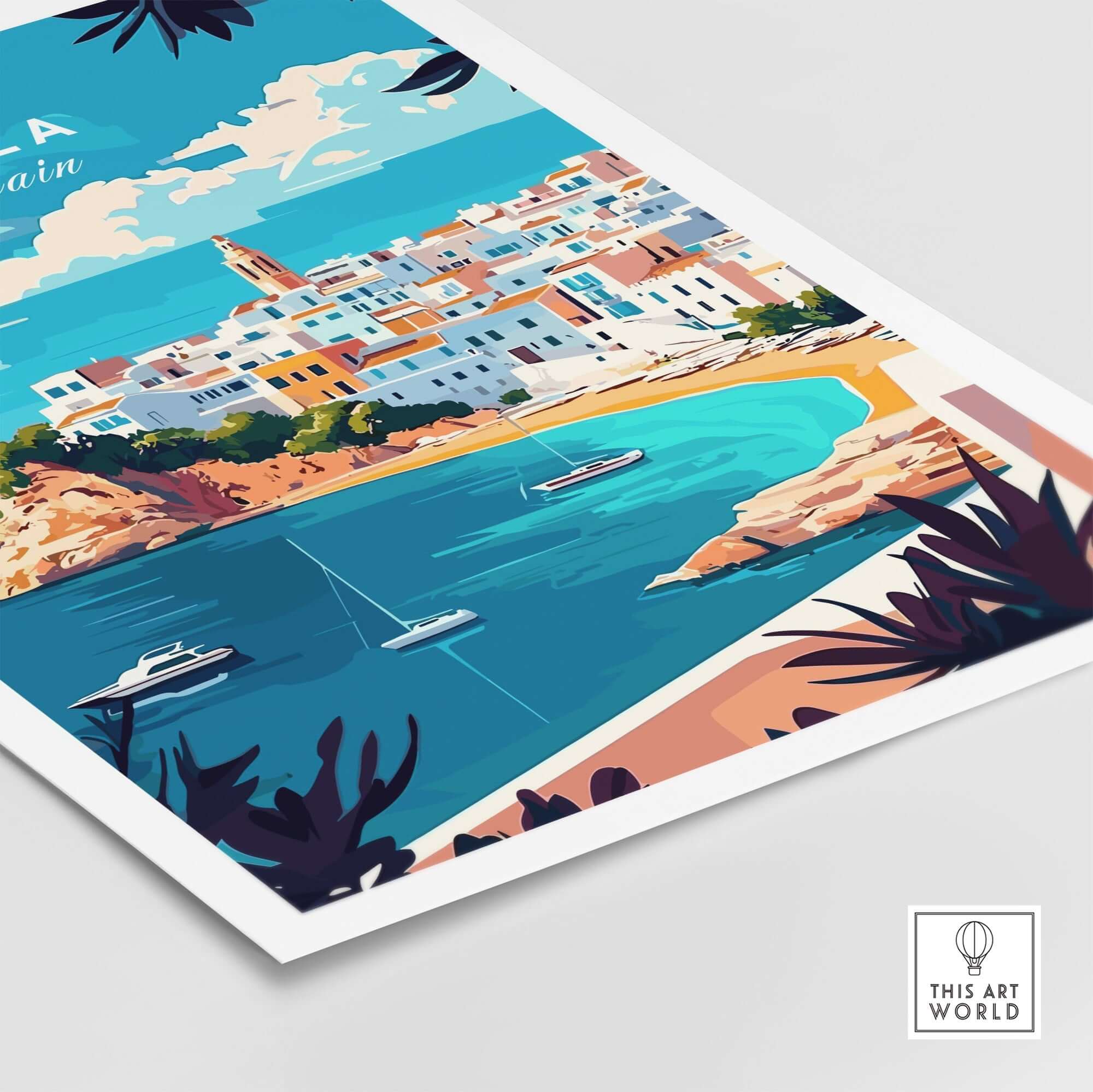 Ibiza Wall Art featuring a stunning beach scene with colorful buildings and boats, perfect for home decor.