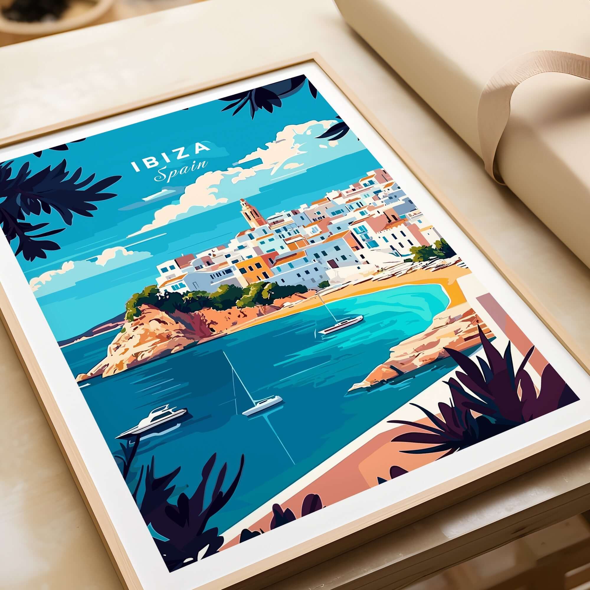 Ibiza Wall Art showcasing a vibrant beach scene of Ibiza, Spain, with colorful buildings and boats.